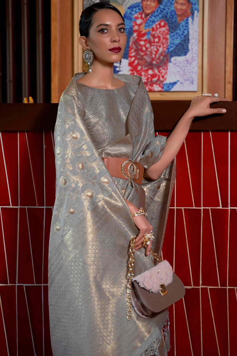 Scintilla Grey Soft Banarasi Silk Saree With Scintilla Blouse Piece