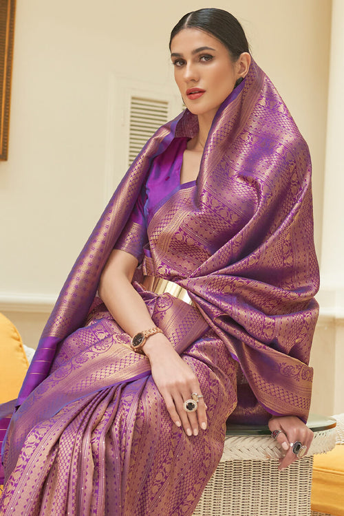 Load image into Gallery viewer, Lovely Purple Kanjivaram Silk Saree With Girlish Blouse Piece
