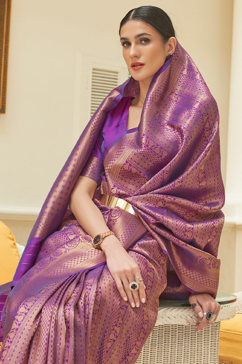 Lovely Purple Kanjivaram Silk Saree With Girlish Blouse Piece