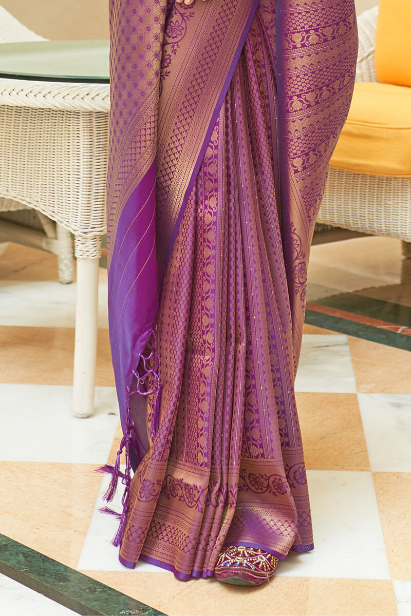 Lovely Purple Kanjivaram Silk Saree With Girlish Blouse Piece