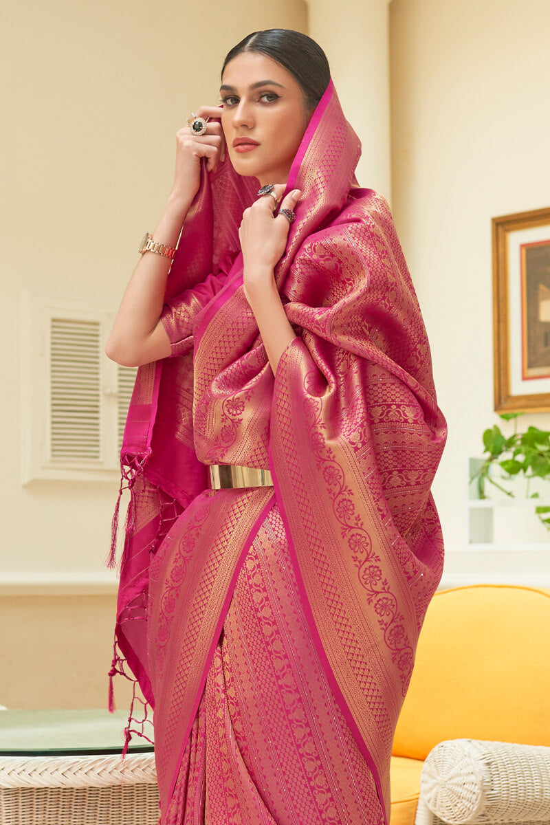 Refreshing Dark Pink Kanjivaram Silk Saree With Classic Blouse Piece