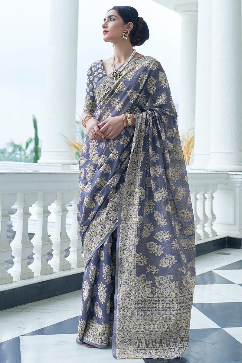 Most Flattering Blue Lucknowi Silk Saree With Entrancing Blouse Piece