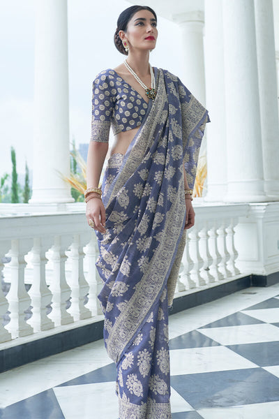 Most Flattering Blue Lucknowi Silk Saree With Entrancing Blouse Piece