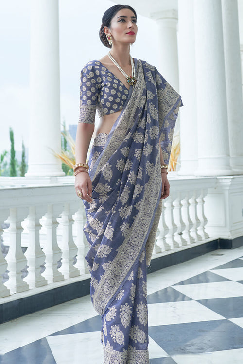 Load image into Gallery viewer, Most Flattering Blue Lucknowi Silk Saree With Entrancing Blouse Piece
