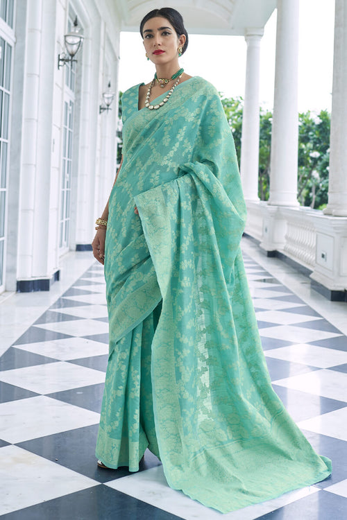 Load image into Gallery viewer, Twirling Turquoise Lucknowi Silk Saree and Inspiring Blouse Piece
