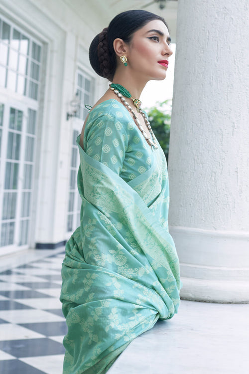 Load image into Gallery viewer, Twirling Turquoise Lucknowi Silk Saree and Inspiring Blouse Piece
