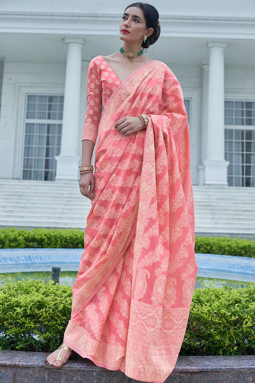 Load image into Gallery viewer, Fancifull Pink Lucknowi Silk Saree With Flameboyant Blouse Piece
