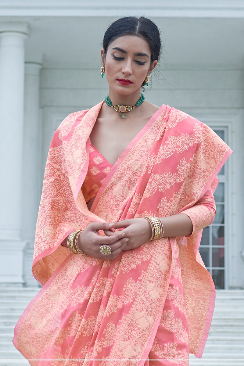 Fancifull Pink Lucknowi Silk Saree With Flameboyant Blouse Piece