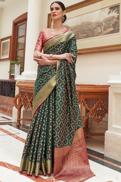 Load image into Gallery viewer, Staggering Dark Green Soft Patola Silk Saree with Imaginative Blouse Piece
