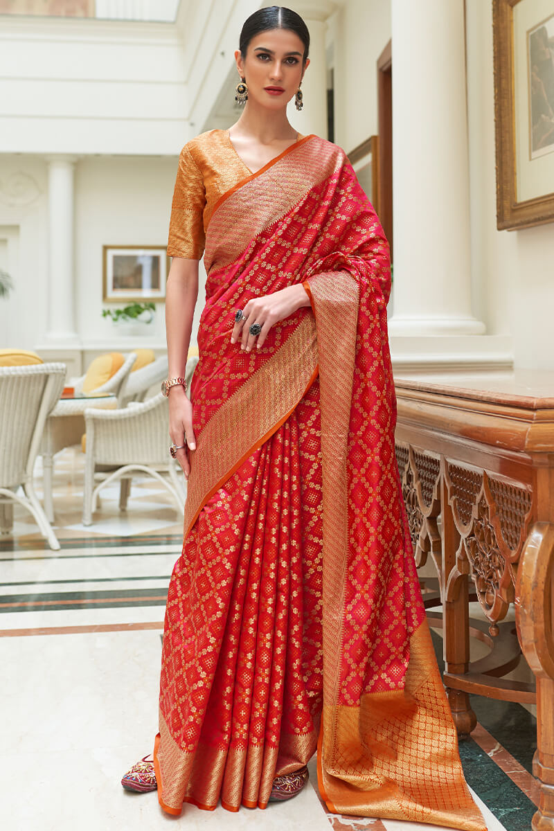 Admirable Red Soft Patola Silk Saree with Fairytale Blouse Piece