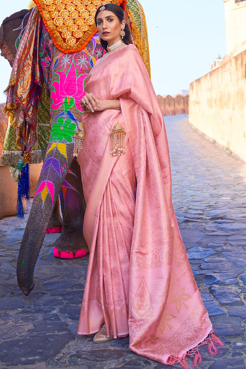 Jazzy Pink Kanjivaram Silk Saree with Exceptional Blouse Piece