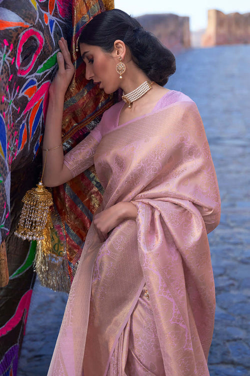 Load image into Gallery viewer, Prominent Baby Pink Kanjivaram Silk Saree with Entrancing Blouse Piece
