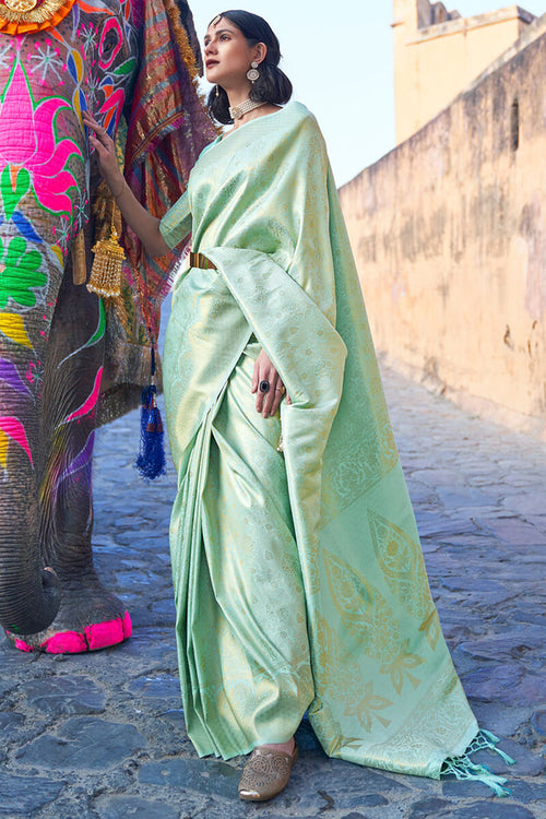 Load image into Gallery viewer, Admirable Pista Kanjivaram Silk Saree with Imbrication Blouse Piece
