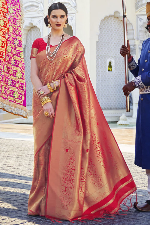 Load image into Gallery viewer, Amiable Red Kanjivaram Silk Saree With Incomparable Blouse Piece
