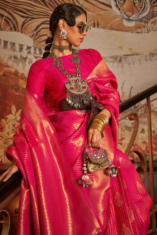 Hot Pink Handloom Woven Designer Silk Saree with Overall Butti work – Ethnos