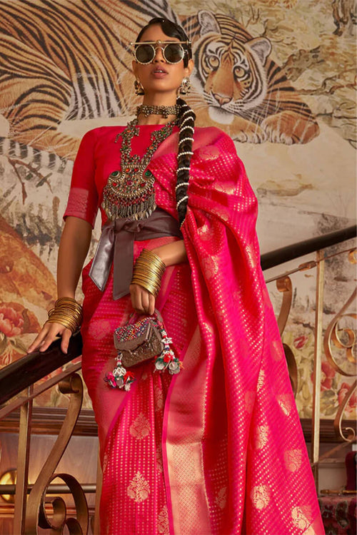 Load image into Gallery viewer, Lagniappe Hot Pink Kanjivaram Silk Saree with Surreptitious Blouse Piece
