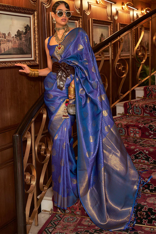 Load image into Gallery viewer, Incredible Royal Blue Kanjivaram Silk Saree with Exuberant Blouse Piece
