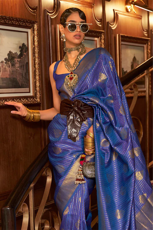 Load image into Gallery viewer, Incredible Royal Blue Kanjivaram Silk Saree with Exuberant Blouse Piece
