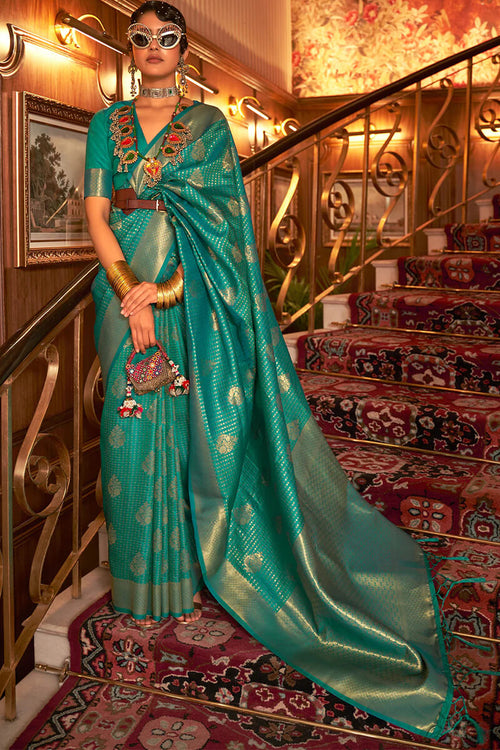 Load image into Gallery viewer, Symmetrical Rama Kanjivaram Silk Saree with Delectable Blouse Piece
