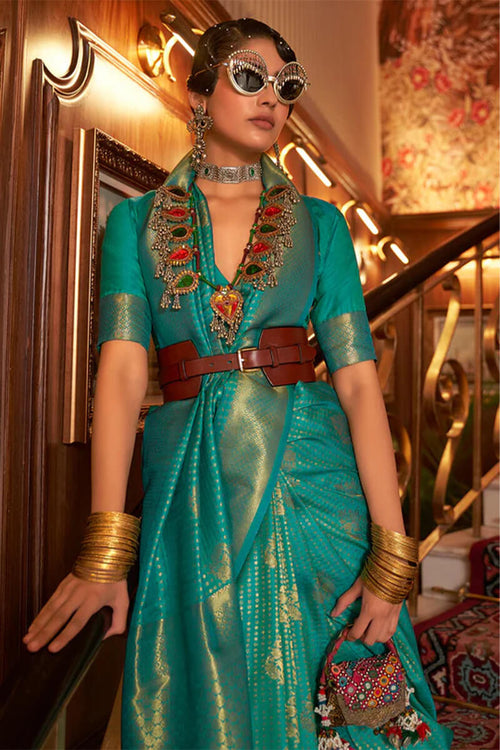 Load image into Gallery viewer, Symmetrical Rama Kanjivaram Silk Saree with Delectable Blouse Piece
