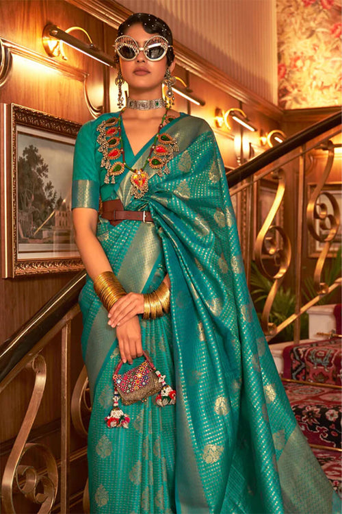 Load image into Gallery viewer, Symmetrical Rama Kanjivaram Silk Saree with Delectable Blouse Piece
