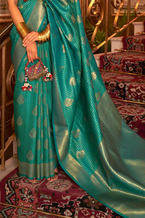 Load image into Gallery viewer, Symmetrical Rama Kanjivaram Silk Saree with Delectable Blouse Piece
