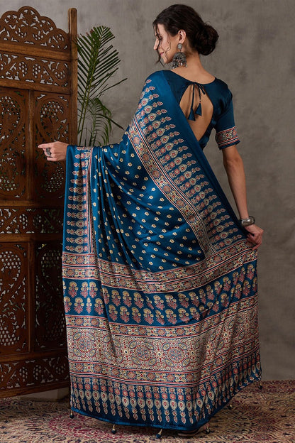Sumptuous Rama Ajrakh Printed Semi Modal Silk Saree With Staggering Blouse Piece