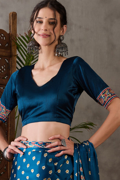 Sumptuous Rama Ajrakh Printed Semi Modal Silk Saree With Staggering Blouse Piece