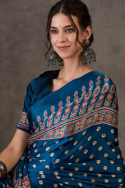 Sumptuous Rama Ajrakh Printed Semi Modal Silk Saree With Staggering Blouse Piece