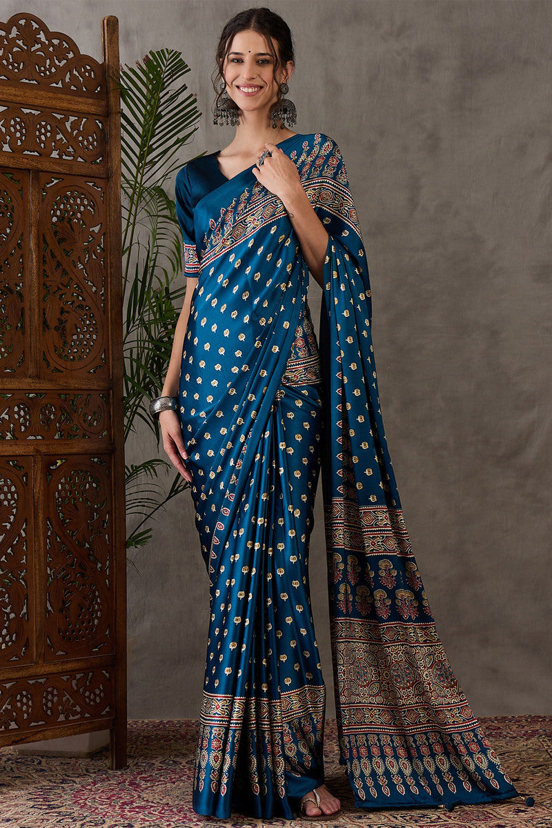 Sumptuous Rama Ajrakh Printed Semi Modal Silk Saree With Staggering Blouse Piece
