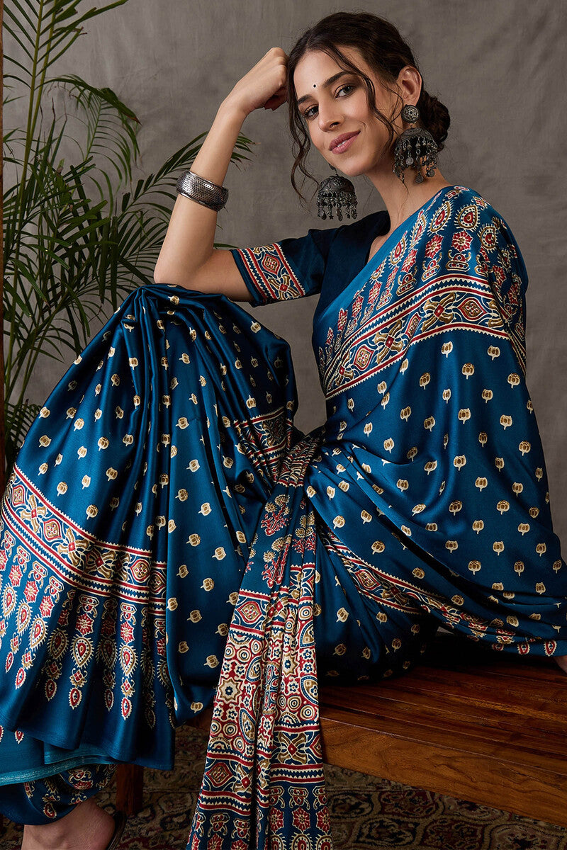 Sumptuous Rama Ajrakh Printed Semi Modal Silk Saree With Staggering Blouse Piece