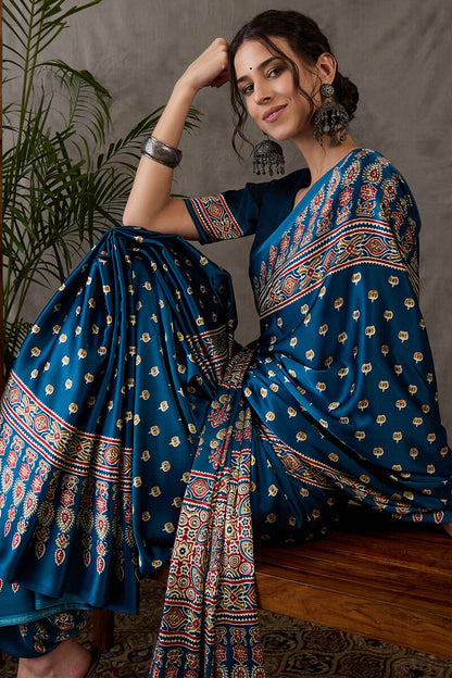 Sumptuous Rama Ajrakh Printed Semi Modal Silk Saree With Staggering Blouse Piece