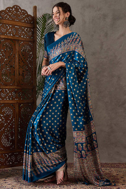 Sumptuous Rama Ajrakh Printed Semi Modal Silk Saree With Staggering Blouse Piece