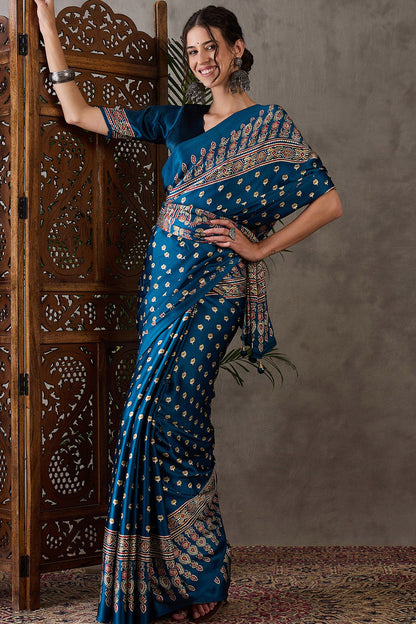 Sumptuous Rama Ajrakh Printed Semi Modal Silk Saree With Staggering Blouse Piece