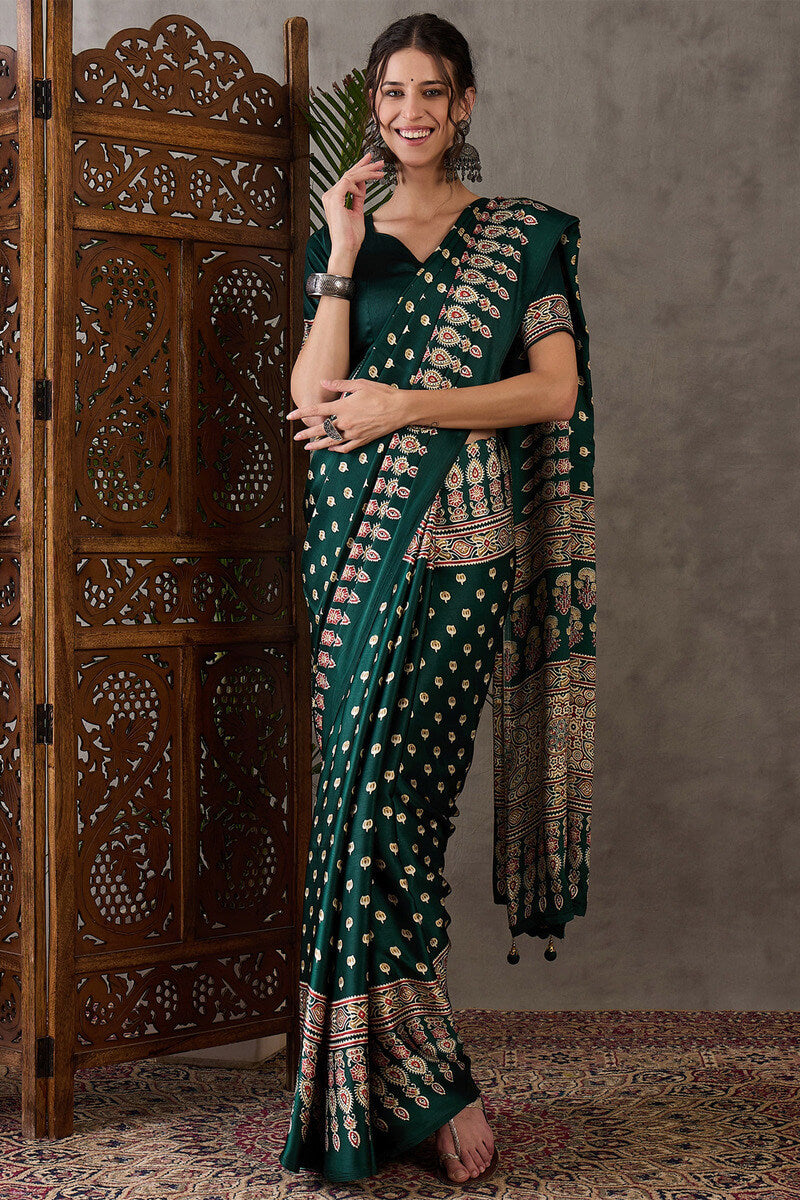 Gratifying Dark Green Ajrakh Printed Semi Modal Silk Saree With Entrancing Blouse Piece