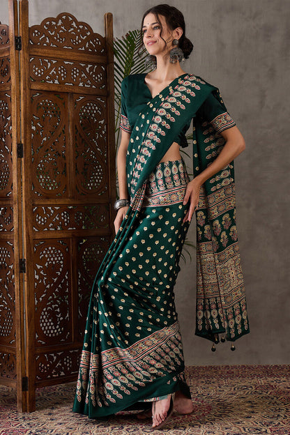 Gratifying Dark Green Ajrakh Printed Semi Modal Silk Saree With Entrancing Blouse Piece