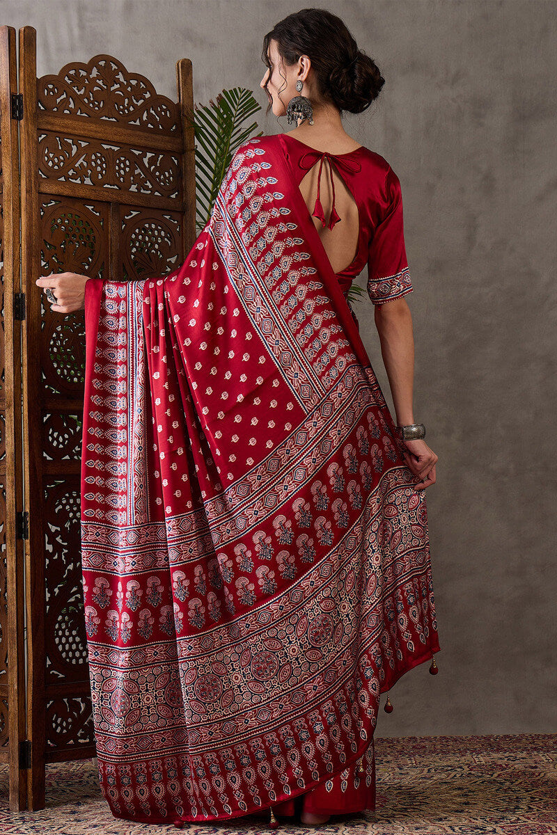 Nebula Red Ajrakh Printed Semi Modal Silk Saree With Flaunt Blouse Piece