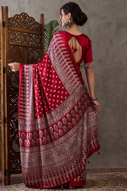 Nebula Red Ajrakh Printed Semi Modal Silk Saree With Flaunt Blouse Piece