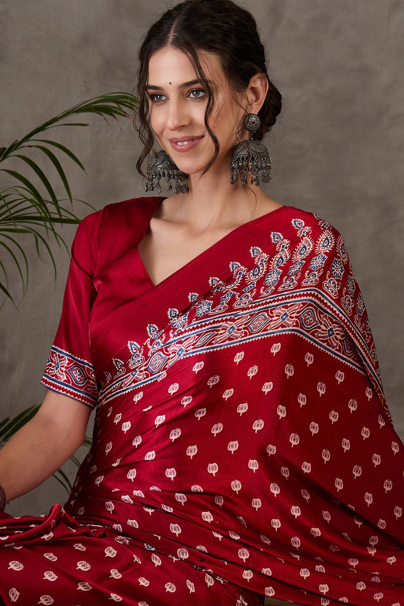Nebula Red Ajrakh Printed Semi Modal Silk Saree With Flaunt Blouse Piece