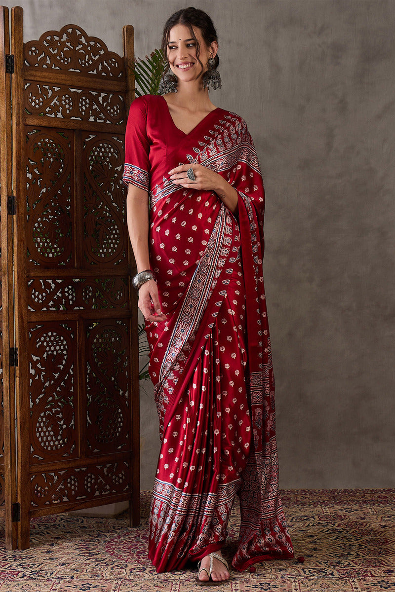 Nebula Red Ajrakh Printed Semi Modal Silk Saree With Flaunt Blouse Piece