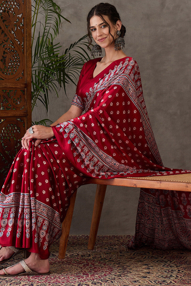 Nebula Red Ajrakh Printed Semi Modal Silk Saree With Flaunt Blouse Piece
