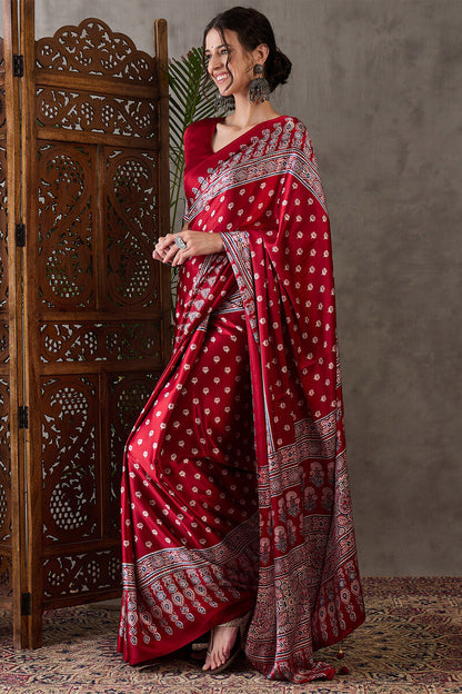 Nebula Red Ajrakh Printed Semi Modal Silk Saree With Flaunt Blouse Piece