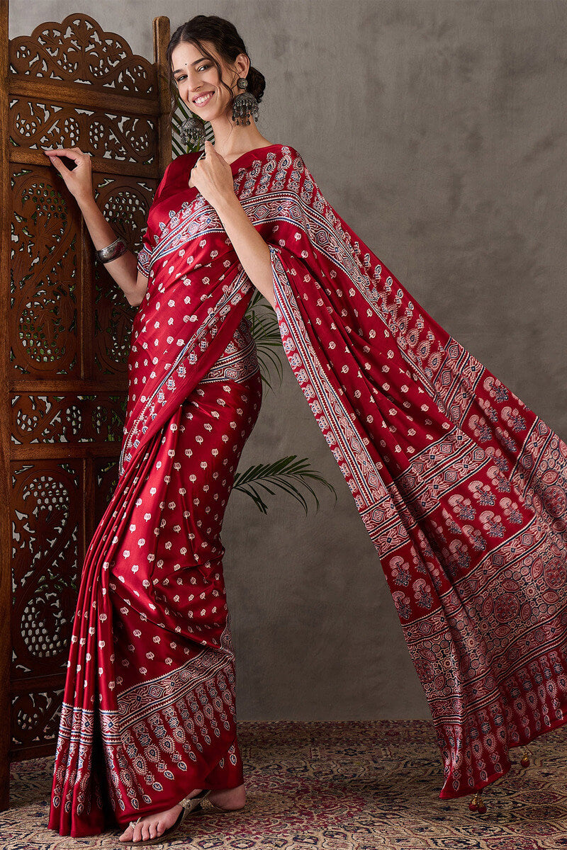 Nebula Red Ajrakh Printed Semi Modal Silk Saree With Flaunt Blouse Piece
