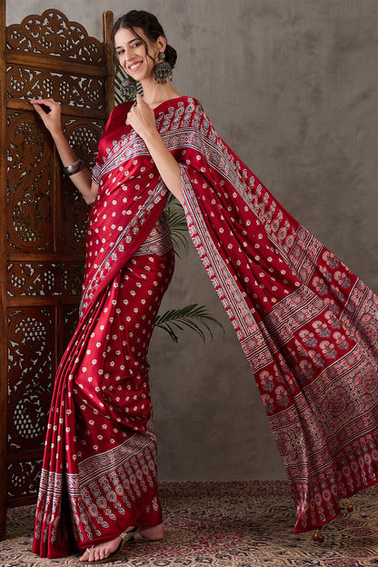 Nebula Red Ajrakh Printed Semi Modal Silk Saree With Flaunt Blouse Piece