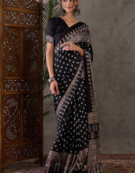 Admirable Black Ajrakh Printed Semi Modal Silk Saree With Lagniappe Blouse Piece