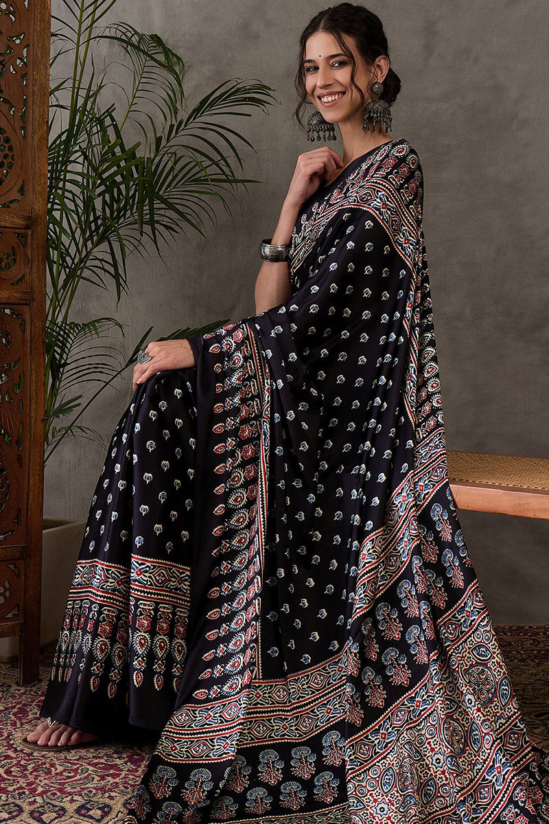 Admirable Black Ajrakh Printed Semi Modal Silk Saree With Lagniappe Blouse Piece