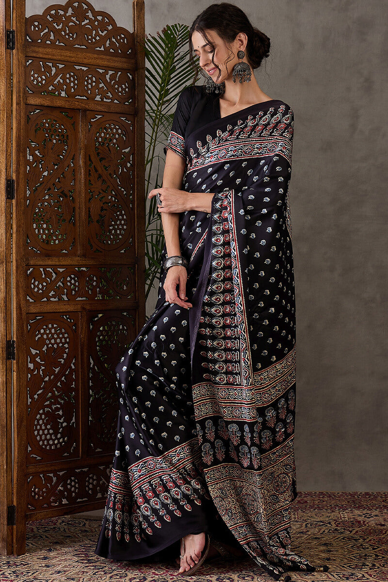 Admirable Black Ajrakh Printed Semi Modal Silk Saree With Lagniappe Blouse Piece