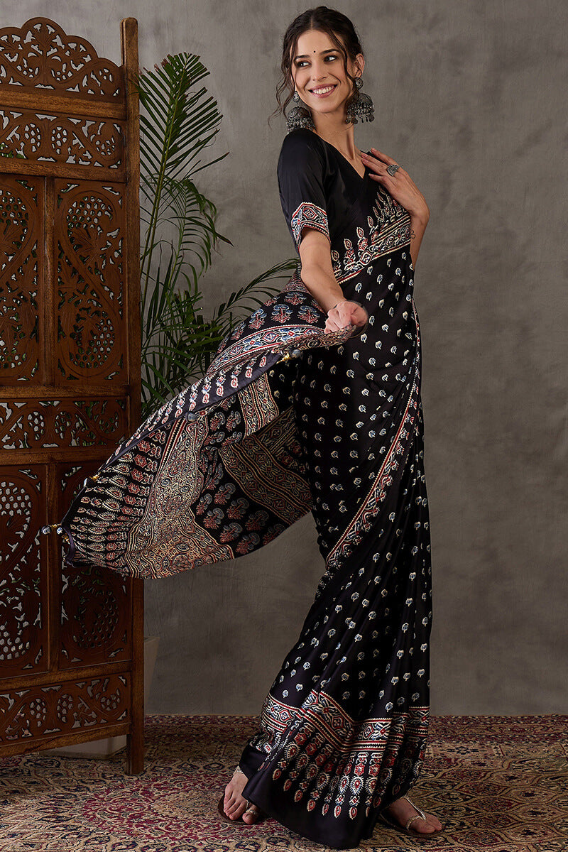 Admirable Black Ajrakh Printed Semi Modal Silk Saree With Lagniappe Blouse Piece