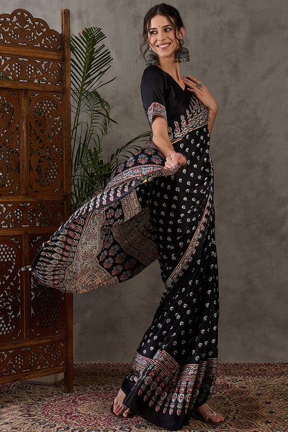 Admirable Black Ajrakh Printed Semi Modal Silk Saree With Lagniappe Blouse Piece