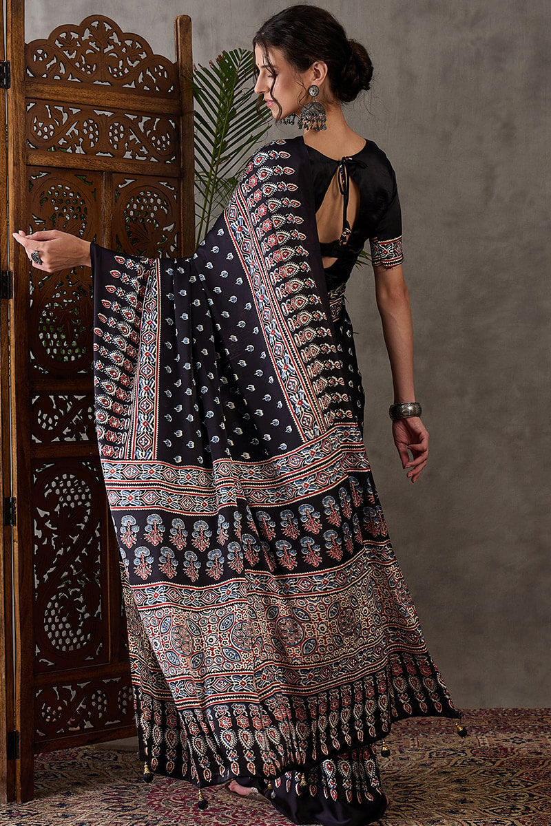 Admirable Black Ajrakh Printed Semi Modal Silk Saree With Lagniappe Blouse Piece